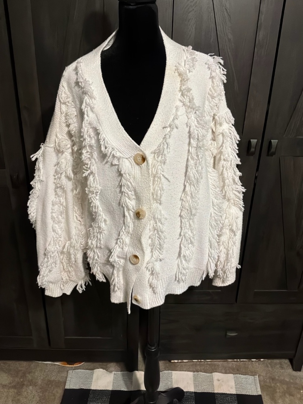 SHEIN Cream Fringe Button-Up Knit Cardigan